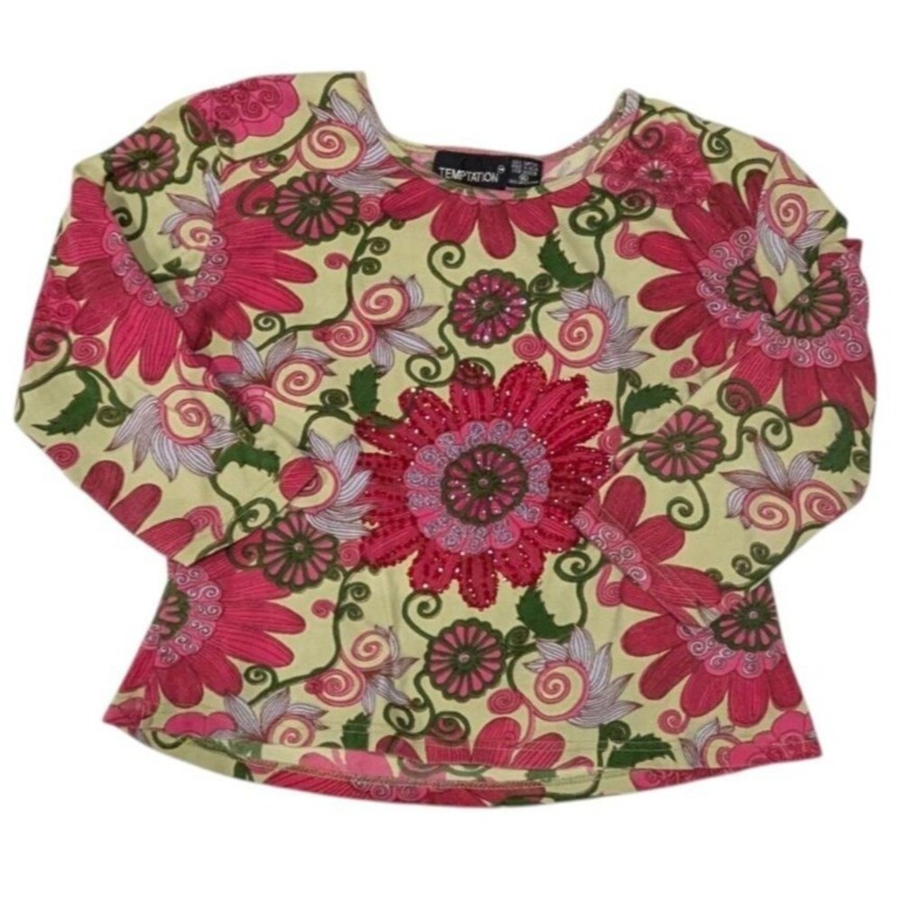 Temptation Blouse Round Neck 3/4 Sleeve Women's XL Floral 100% Cotton